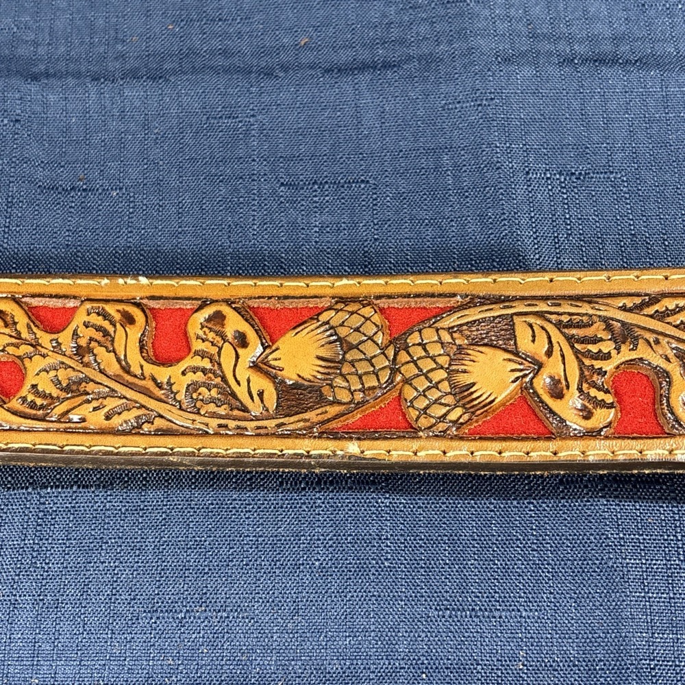 Vtg Leather Belt Top Grain Cowhide Western Brown W/ Red Inlay Tooled 1.5" Sz 40